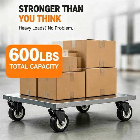 Built Tough Heavy Duty Two Inch Swivel Caster Wheel Sets Gliding On Sealed Double Ball Bearings For Seamless Three Sixty Rolling Across Garage Floors And Utility Dollies on a dolly carrying cardboard boxes.