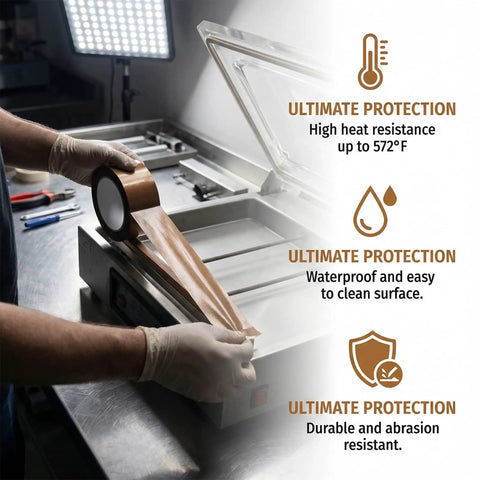 High Temp PTFE Teflon Tape For Heat Sealing And Impulse Sealers, shown on vacuum sealing machine with temperature icons.