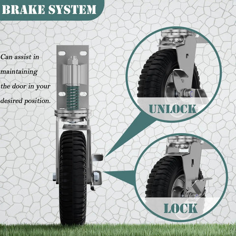 Heavy Duty 8 Inch Gate Wheels With Brake Rock Solid Spring Suspension showing brake system for locking and unlocking function.