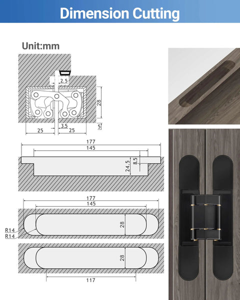 Heavy Duty Invisible Door Hinges Two Pack Slick Concealed Hardware With Rock Solid Copper Mount dimensions diagram with measurements.