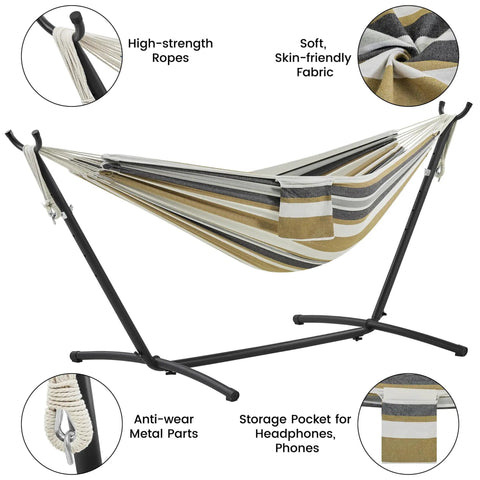 Double Hammock With Stand For Two People, Portable Indoor Outdoor Hammock Set, 450 Lb Capacity, Desert Stripe fabric design