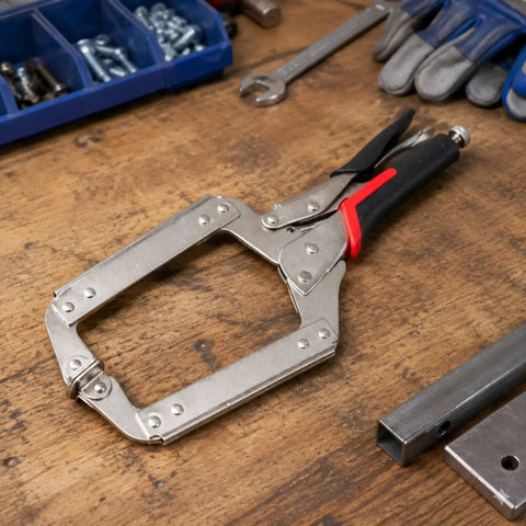 Heavy Duty Locking Pliers Grip Tool With Spring Tension Adjustable Clamp Non Slip Secure Holding Multipurpose Hand Tool For Assembly, Repair, Home Workshop, Carpentry, Metalworking And More, 18 Inch, on workbench