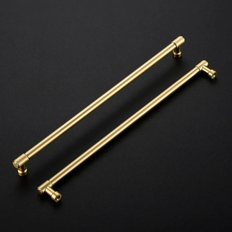No Cap Required With These Brushed Gold Kitchen Cabinet Pulls Featuring 12 And 3/5 Inch Hole Centers Bang For Your Buck Zinc Alloy Drawer Handles For Total Space Glow Ups In A 5 Pack Bundle on black background.