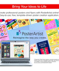 PosterArtist online poster creation software displayed on a laptop with various flyer templates and a 'Bring Your Ideas to Life' banner