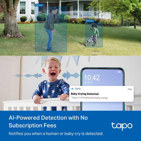 1080p Indoor Outdoor Security Camera With Motion And Person Detection, Baby Cry Alerts, Color Night Vision, IP65 Weatherproof, Local SD Or Cloud Storage, Works With Alexa And Google Home detecting people outside and baby crying indoors.