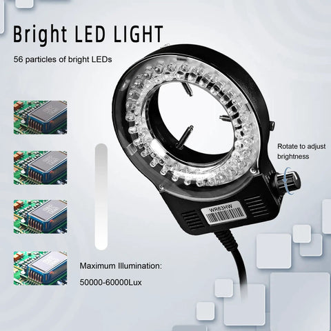 Bright LED light ring for Ultra Clear 4K Digital Microscope With 48MP Camera, showing adjustable illumination for precision work.