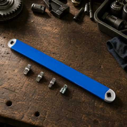 Premium Heavy Duty Offset Extension Wrench Rock Solid High Carbon Steel Construction With Interchangeable Socket Adapter and drive adapters.