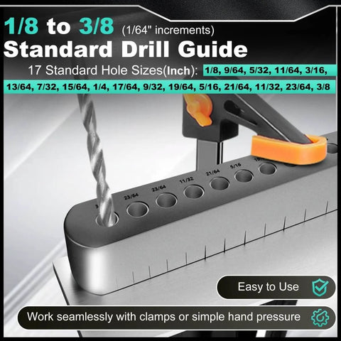 Front view of Pro Grade DIY-Friendly Portable Drill Guide for Straight Holes with 17 Drill Sizes from 1/8 to 3/8, heat-treated steel.