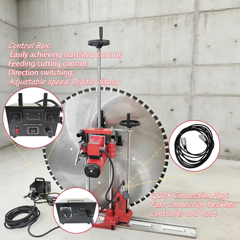 Professional 220V Single Phase Automatic Concrete Wall Cutter Featuring 11.8KW Diamond Track Saw And 47.2 Inch Blade Control box with digital display.