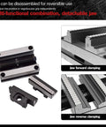 Five Axis CNC Self Centering Vise With Detachable Jaws ZF-70-100 For Precision Milling, 6 To 80mm Clamping Range, Positive Jaw 28-80mm And Reverse Jaw 6-54mm, Compact 100x71x52mm Size, Easy Setup, Beefy Pro Grade Build. Detachable jaws shown for forward and reverse clamping.
