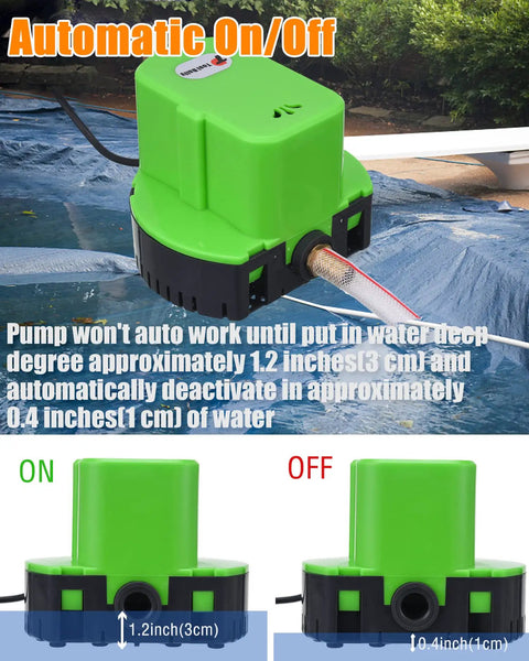 Automatic Pool Cover Pump Submersible 1200 GPH With Four Adapters And Sixteen Foot Drain Hose Auto On Off in green on pool cover