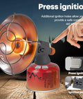 Portable Outdoor Propane Heater For Camping And Fishing, Dual Fuel 1lb Propane Or ISO Butane, Self Igniting, stable on wood surface