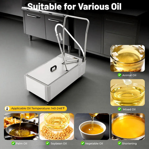 Heavy Duty 55 Gallon Fryer Filter Machine With Foldable Cart, High Flow Oil Filter System For Commercial Restaurant Kitchen showcasing suitable oils.