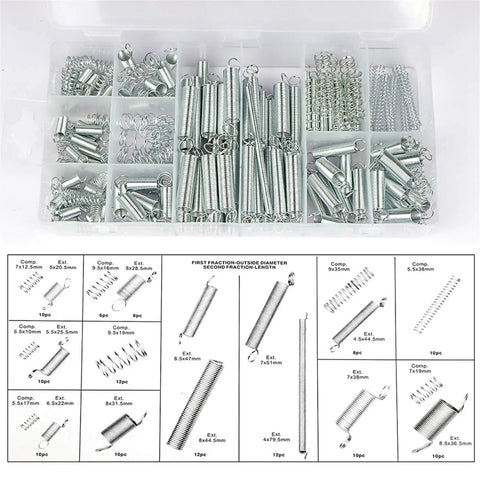 Everyday Versatile Tension And Compression Spring Wire Kit with 200 zinc plated steel springs in assorted sizes and types.
