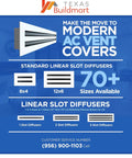 Texas Buildmart advertisement for Slick 36 Inch Linear Slot Diffuser With Double Slot Design White Aluminum Air Vent Cover.