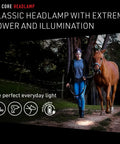 Ultimate Hands Free Headlamp Blasting Six Hundred Lumens Up To One Hundred Fifty Meters Away Great For Work Hard Hats And Nighttime Adventures With Red Rear Safety Light And Advanced Focus System Lightweight At One Hundred Fifty Eight Grams illuminating woman walking horse