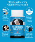 iCloth XL Screen Cleaner wipes, front view; blue packaging, 9x12 in, Made in USA