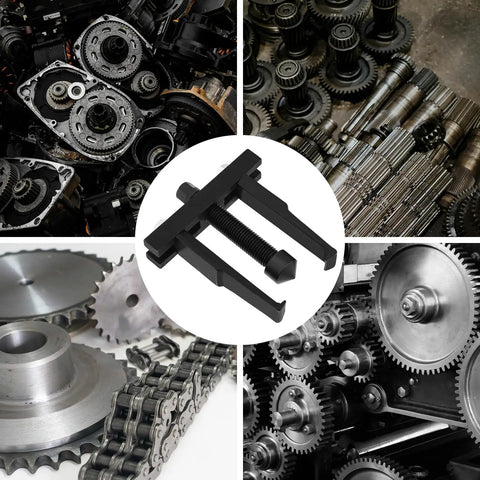 Heavy Duty Two Jaw Bearing Puller Universal Extractor For Timing Belts Flywheels And Gears With Forged Steel Support Foot 26 To 86 Mm Range displayed with gears and chains.