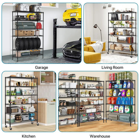 Heavy Duty Six Tier Steel Wire Shelving Unit Built Like A Beast Garage Storage Rack No Flex Frame in kitchen and warehouse settings.