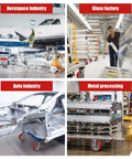 Collage of caster wheels used in aerospace, glass factory, auto industry, and metal processing environments.