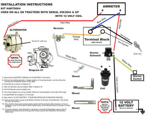 Installation instructions for Top Shelf Generator Alternator Conversion Kit Fits Ford 8N Tractor with wiring diagram and components.