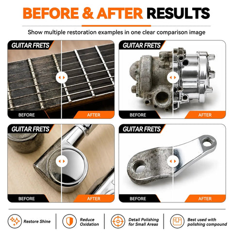Comparison of before and after results using 120 Pcs Buffing Wheels Polishing Kit Rotary Tool Accessories 1 8 Inch Shank Wood Metal.