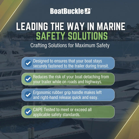 Infographic detailing safety features of Transom Boat Tie Down Straps for Trailer, 2 By 43 Inch, 2500 Lbs Break Strength.