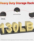 Heavy Duty Storage Rack supporting 130LB, showcasing reinforcement design and crimp fixation, with load bearing details.