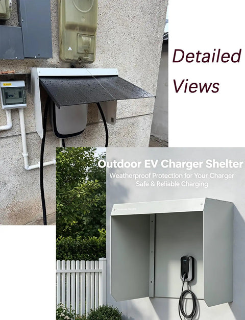 Super Tough Outdoor Electric Charger Rain Cover Hella Rugged Weatherproof Box For Wall Mounted Type Two Charging Station, detailed views.