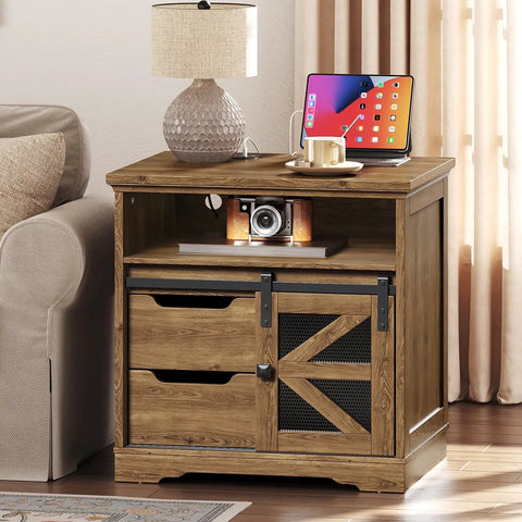 Top Shelf Farmhouse End Table With Built In Charging Station And Two Deep Storage Drawers Set Of Two beside a lamp and tablet.