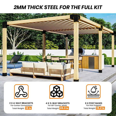 All In One Heavy Duty Pro Grade Pergola Brackets Kit For 4x4 Posts Includes 3 Way Corner 4 Way Center And Post Base Set 2mm Steel Hardware Fits 3.6 By 3.6 Inch Posts Built To Last For Patio Gazebo Backyard Build