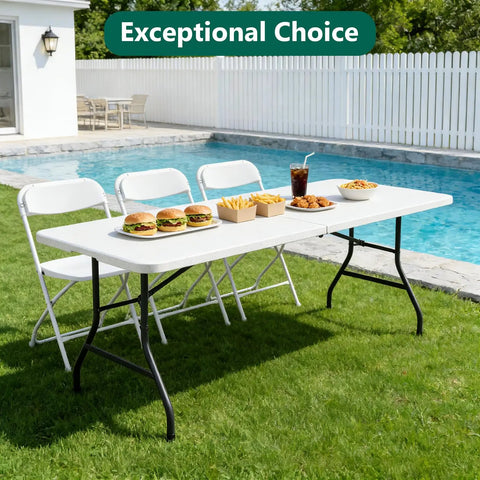 Six Foot Folding Table Portable Picnic Table For Indoor Outdoor Use Heavy Duty Plastic Table With Carry Handle Seats 6 To 8 displayed by a pool