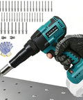 Cordless Brushless Rivet Gun Handles Heavy Duty Jobs Seamless Operation, shown with accessories and metal sheet.