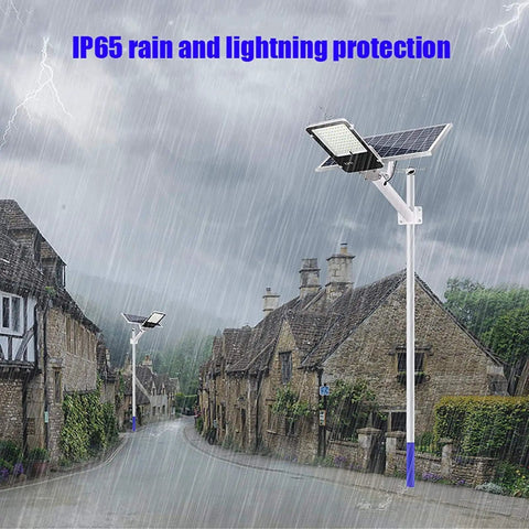 Solar Street Lights And Remote Control With Radar Motion Sensor Dusk To Dawn Security Flood Lamp Beast Mode Lighting in rain.