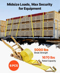 Six Pack 2 Inch By 15 Foot Heavy Duty Ratchet Straps With Double J Hooks, 5000 Lbs Break Strength, 1670 Lbs Working Load