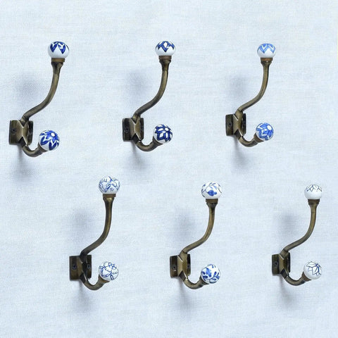 Heavy Duty Double Coat Hooks Wall Mount Six Pack In Blue And White, decorative prong hooks on wall display, vintage style