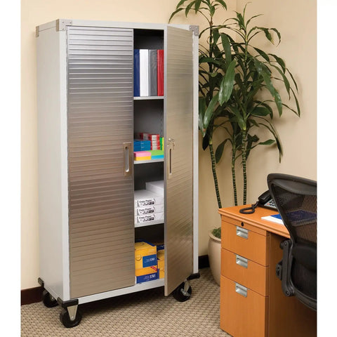 Rock Solid Built Tough Steel Rolling Storage Cabinet With Lockable Double Doors Adjustable Shelves And Heavy Caster Wheels For Garage Shop Organization Granite Finish in office setting.
