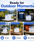 Collage of Grab-and-Go Foldable Water Container With Spigot For Camping And Travel shown in various outdoor and emergency settings.
