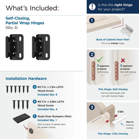 Premium Matte Black Partial Wrap Cabinet Hinges One Pair Featuring A Rock Solid Half Inch Overlay Fit That Slaps Onto Kitchen Doors, installation details.