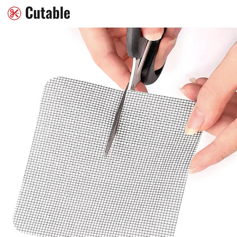 Window Screen Patch Kit With 10 4X4 Black Patches Self Adhesive 3 Layer Mesh Tape being cut with scissors