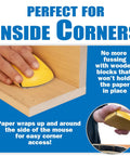 Person using 5 Inch Sanding Mouse Block With Hook And Loop Pad For Tight Spaces on wooden corner, showing ergonomic grip