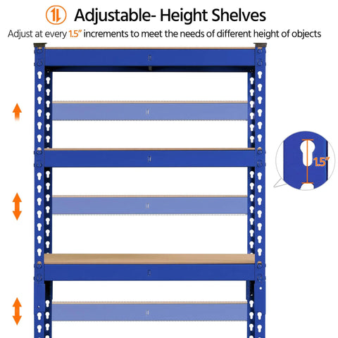 Heavy Duty 3 Pack 5 Tier Metal Storage Shelves For Garage Featuring Fully Adjustable Modular Frame In Bright Blue with adjustable shelving.