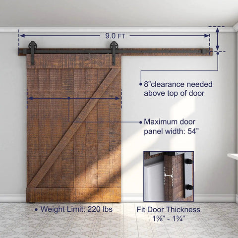 Heavy Duty Sliding Barn Door Hardware Kit With Reinforced Steel Rollers And Silent Tracks, 9 ft rail shows specifications for installation.