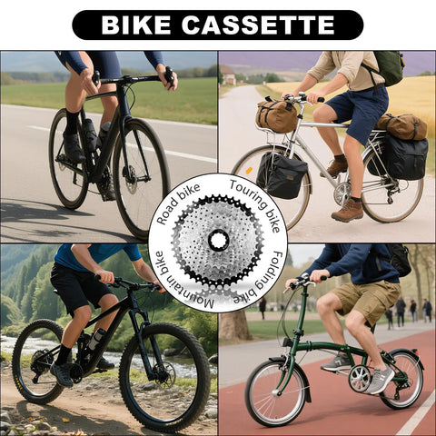 Collage of road, touring, mountain, and folding bikes with 11 Speed Cassette 11-46T Bicycle Sprocket highlighted in center.