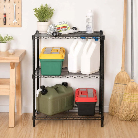 Heavy Duty 3 Tier Wire Shelving Rack with various storage bins in garage setting, sturdy steel construction.