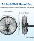 Diagram of 18 Inch Metal Wall Mounted Fan With 4200 CFM High Velocity Power, showing front and side dimensions for warehouse use.