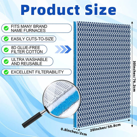 Heavy Duty Washable Air Filters 2 Pack 30X20 Inch Cut To Fit Replacement For Hvac Furnace Vent Systems Glue Free Eight Layer Cotton with measurement details.