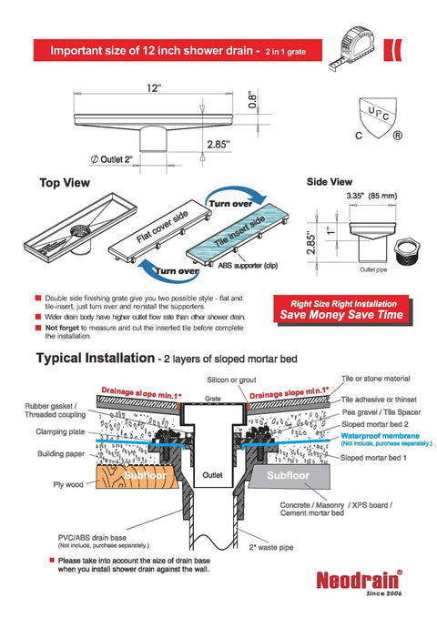 Top view diagram of Super Sleek 12 Inch Linear Shower Drain With Brushed Finish And Sweet Tile Insert Cover That Uses A Shallow V Design.