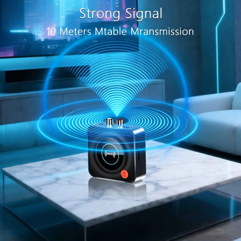 Wireless Bluetooth Receiver For Your Home Stereo And Speakers, NFC Quick Pair, 3.5mm Aux And RCA, TF Card Slot, Low Latency Audio Adapter shown in a glowing signal effect on a marble table.