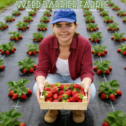 Person holding strawberries on 4 By 50 Ft Weed Barrier Landscape Fabric with 20 U Shaped Stakes in a garden